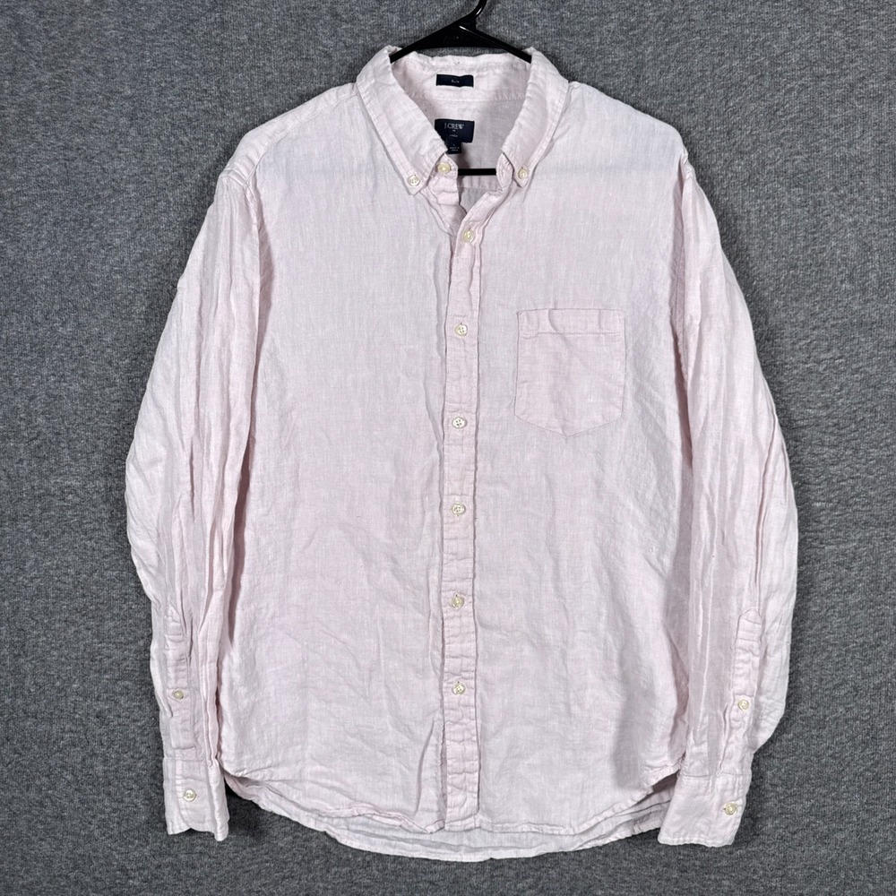 J Crew Shirt Mens Large Pink Slim Fit 100% Linen Long Sleeve Button Down